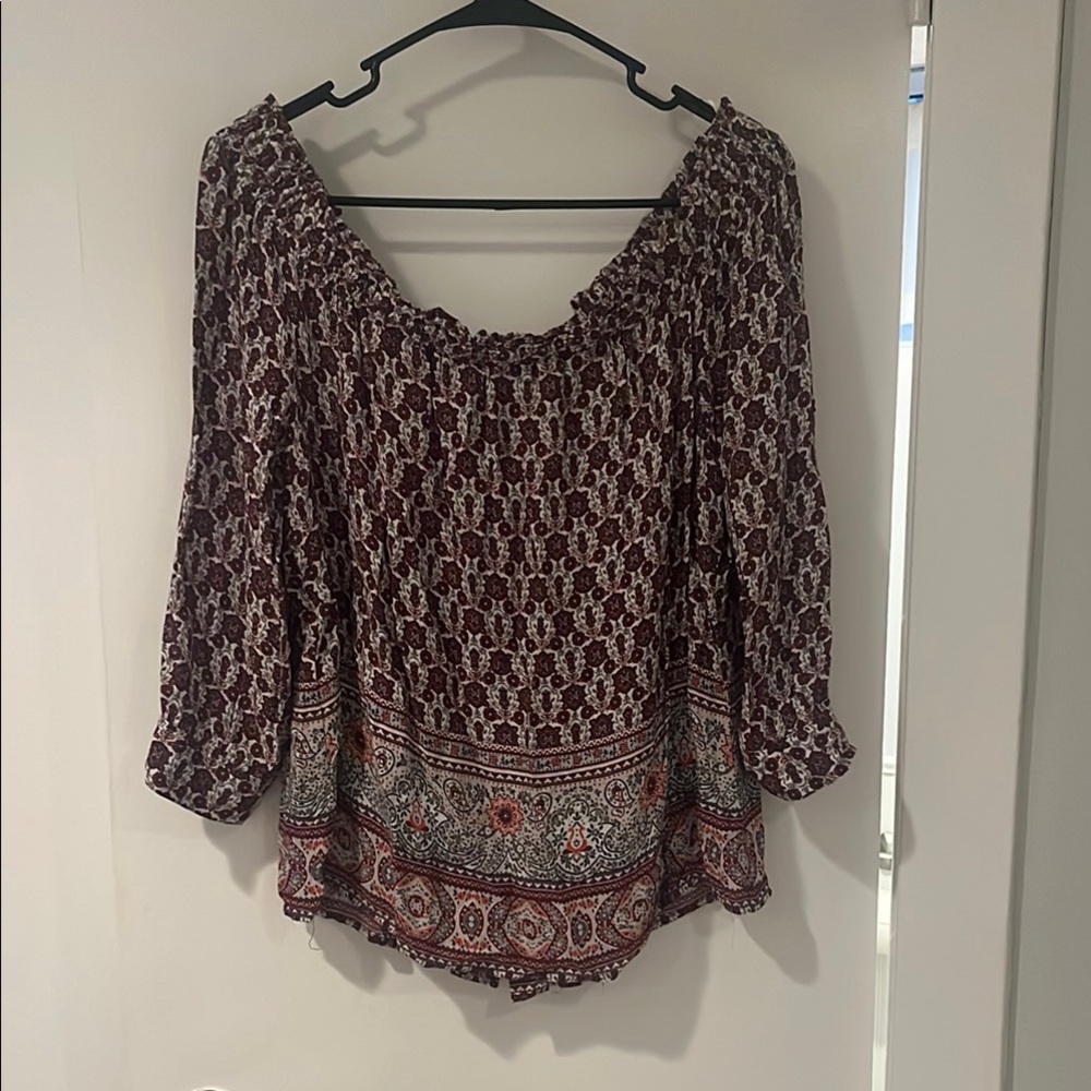 Skies Are Blue Red Brown Smocked 3/4 Sleeve Blouse